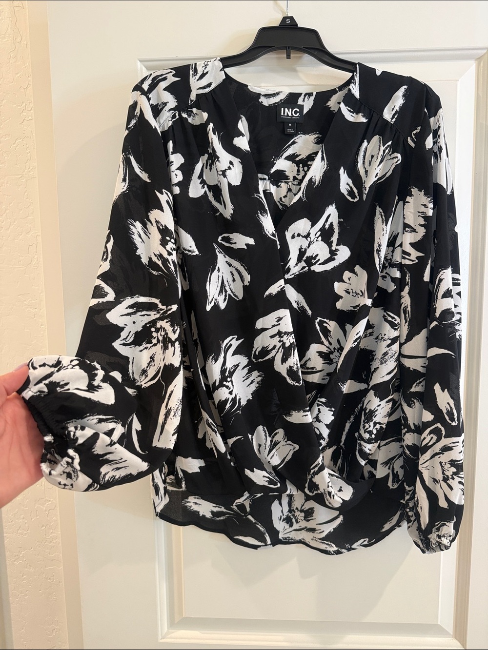 INC International Concepts Black and White Floral Faux-Wrap Blouse